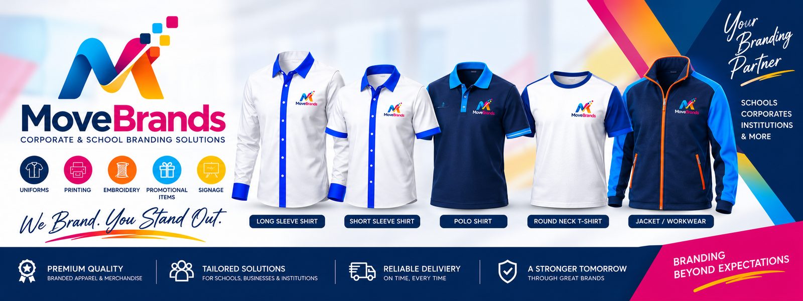 MoveBrands corporate branded apparel range: long sleeve shirt, short sleeve shirt, polo shirt, round neck t-shirt and workwear jacket embroidered with a company logo