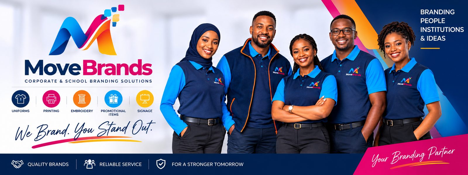 Five MoveBrands staff members wearing matching navy and blue branded polo shirts and a workwear jacket, Nairobi Kenya